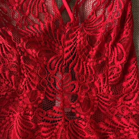 LAST CHANCE | Red Sheer Lace Cross Back Bodysuit - Picture 4 of 4